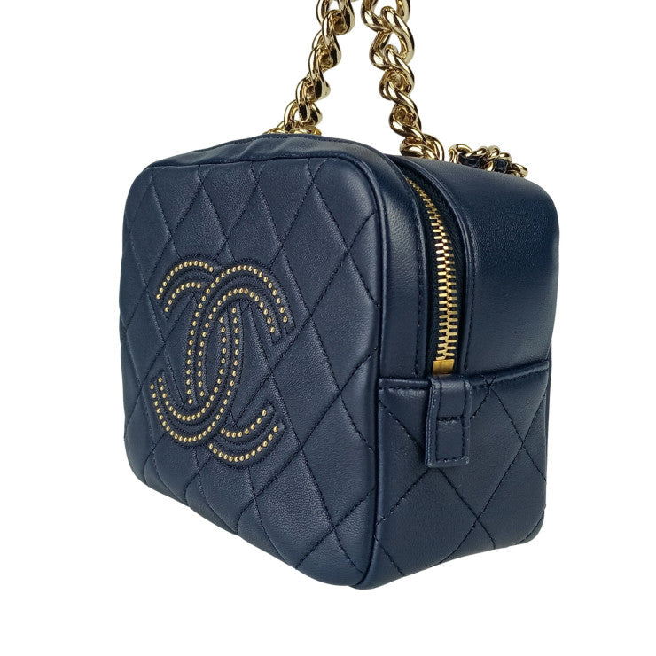 CHANEL シャネル ショルダーバッグ スモール ヴァニティー ケース AS1513 ネイビー ラムスキン レディース チェーン マトラッセ ココマーク スタッズ 美品