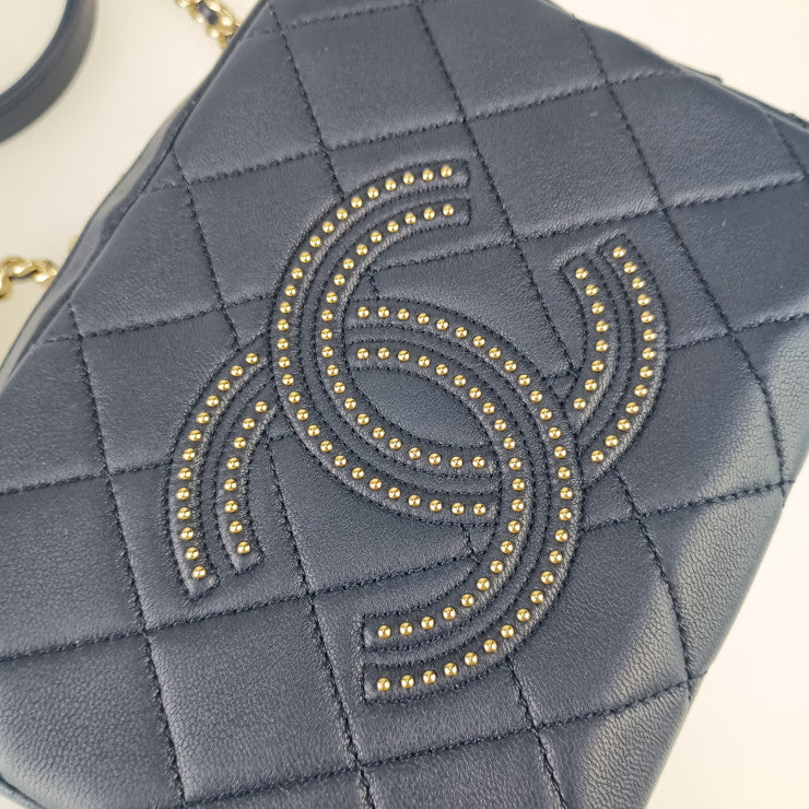 CHANEL シャネル ショルダーバッグ スモール ヴァニティー ケース AS1513 ネイビー ラムスキン レディース チェーン マトラッセ ココマーク スタッズ 美品