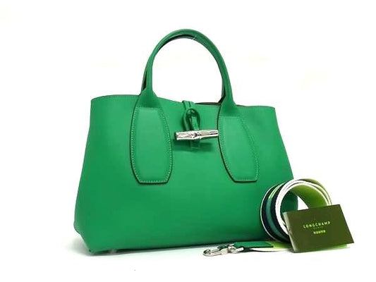 LONGCHAMP ロンシャン ハンドバッグ ロゾ 10058HCND01 グリーン レザー レディース 2WAY シルバー金具 超美品