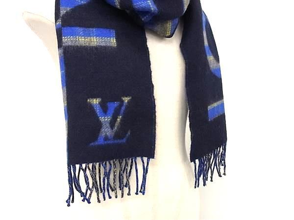 LOUIS VUITTON ルイヴィトン マフラー エシャルプ チェックウィズルイ M76036 ブルー系 ウール90％ カシミヤ10％ ユニセックス 美品