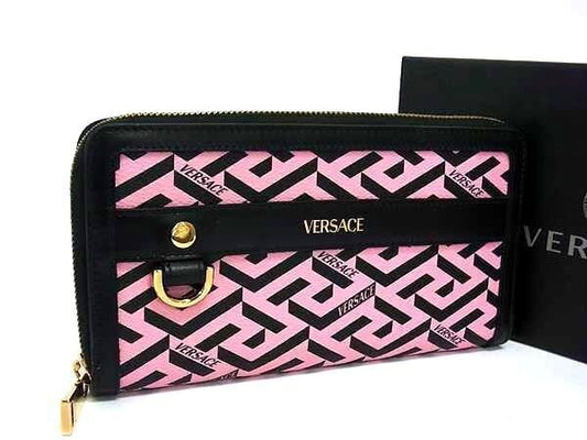 VERSACE ヴェルサーチ 財布 グレカ ピンク ブラック レザー レディース ラウンドファスナー 長財布 ゴールド金具 美品