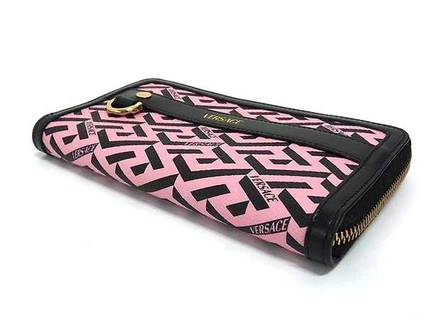 VERSACE ヴェルサーチ 財布 グレカ ピンク ブラック レザー レディース ラウンドファスナー 長財布 ゴールド金具 美品