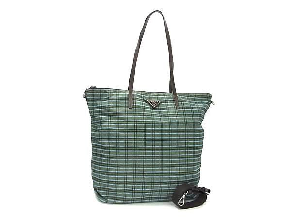 PRADA プラダ ショルダーバッグ トライアングルロゴ 1BG189 グリーン系×ブラウン系 テスートナイロン ユニセックス チェック柄 2WAY ハンドバッグ 三角ロゴ 美品