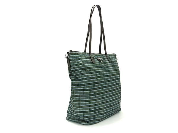 PRADA プラダ ショルダーバッグ トライアングルロゴ 1BG189 グリーン系×ブラウン系 テスートナイロン ユニセックス チェック柄 2WAY ハンドバッグ 三角ロゴ 美品