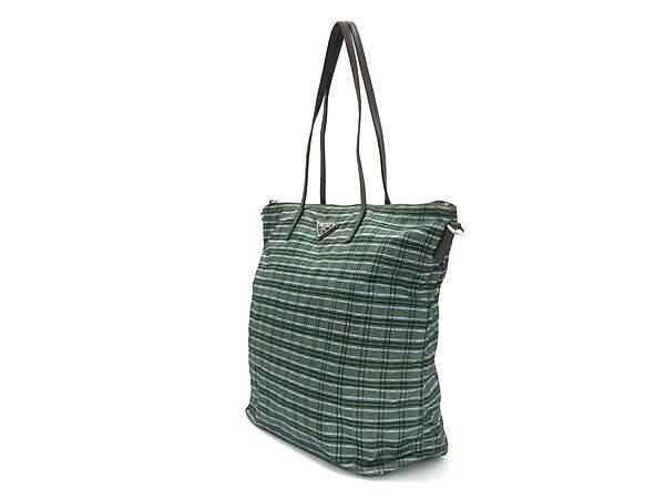 PRADA プラダ ショルダーバッグ トライアングルロゴ 1BG189 グリーン系×ブラウン系 テスートナイロン ユニセックス チェック柄 2WAY ハンドバッグ 三角ロゴ 美品