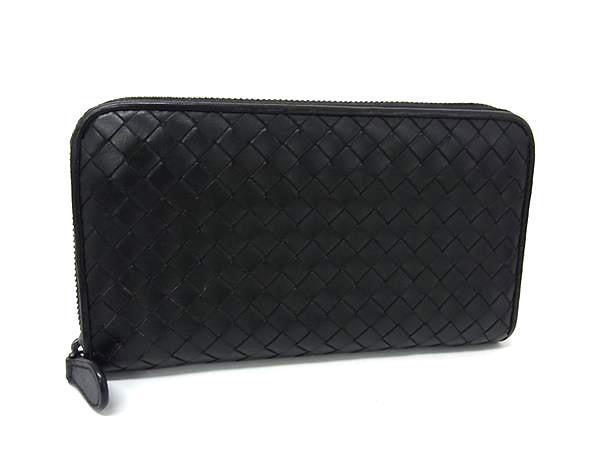 BOTTEGA VENETA ボッテガヴェネタ 長財布 イントレチャート 114076 ブラック系 レザー ユニセックス ラウンドファスナー シルバー金具 美品