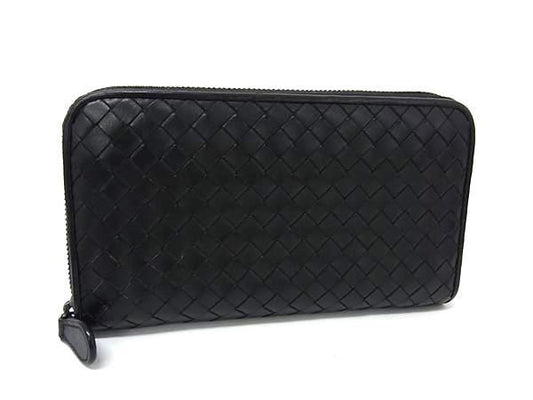 BOTTEGA VENETA ボッテガヴェネタ 長財布 イントレチャート 114076 ブラック系 レザー ユニセックス ラウンドファスナー シルバー金具 美品