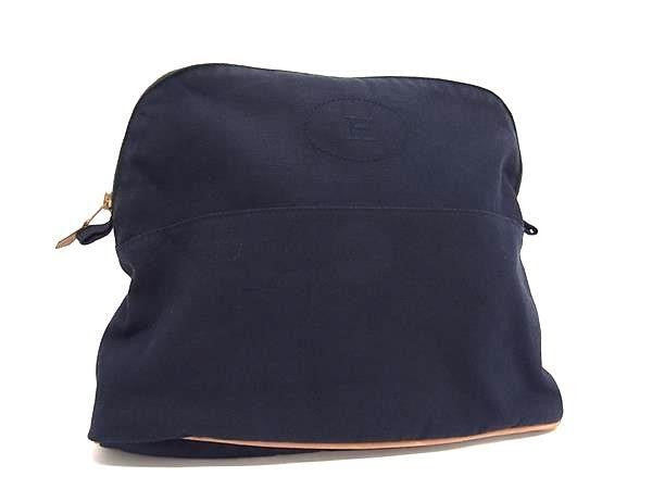 HERMES エルメス ポーチ ボリードポーチGM ネイビー系 コットン100％ レディース ゴールド金具 美品
