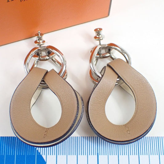 HERMES エルメス ピアス ヴィルヴォルト チャイ（ブラウン系）×ナタ（ホワイト系） メタル×ヴォースイフト レディース シルバー金具 美品