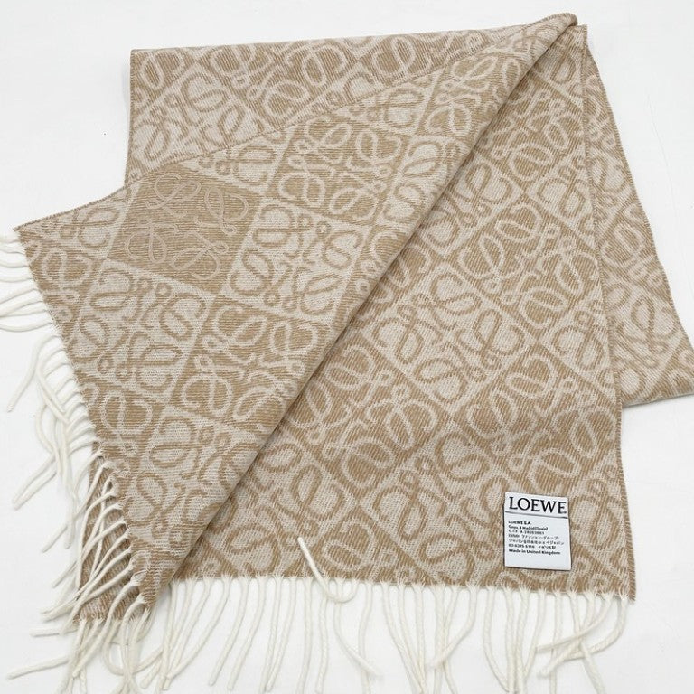 LOEWE ロエベ マフラー アナグラム F811SS1X01 ベージュ系 ウール90％ カシミア10% レディース フリンジ 超美品