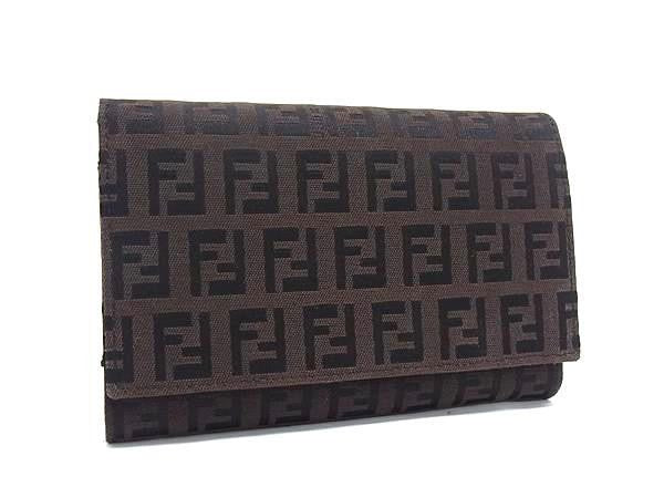 FENDI フェンディ 二つ折り財布 ズッキーノ 8M0029 ブラウン系 ブラック系 キャンバス レザー レディース 美品
