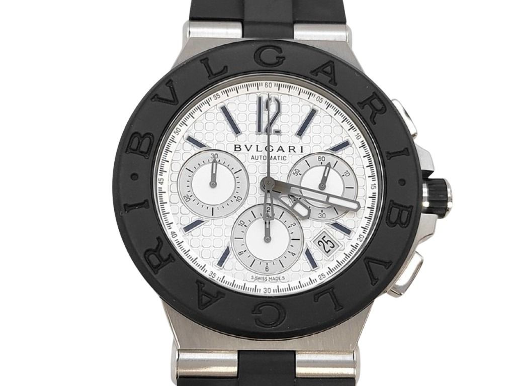 BVLGARI ブルガリ 時計 ディアゴノ クロノグラフ DG42SVCH ホワイト シルバー ブラック系 ステンレススチール ラバー メンズ 美品
