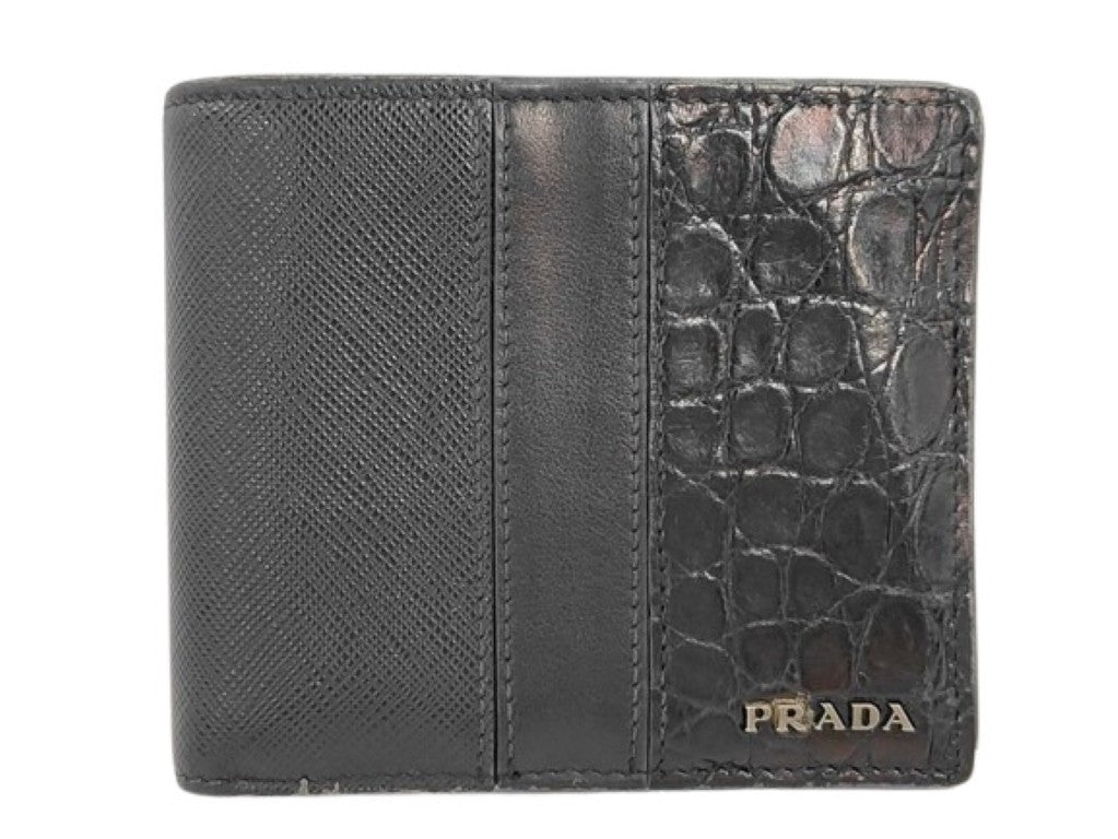 PRADA プラダ 二つ折り財布 2MO738 ブラック系 レザー×クロコダイル メンズ 美品