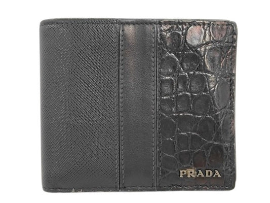 PRADA プラダ 二つ折り財布 2MO738 ブラック系 レザー×クロコダイル メンズ 美品