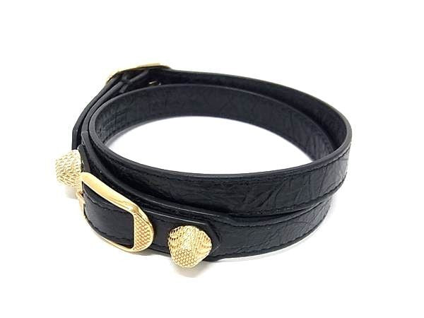 BALENCIAGA バレンシアガ ブレスレット ジャイアント 236345 ブラック系 レザー ユニセックス 3連 スタッズ ゴールド金具 美品