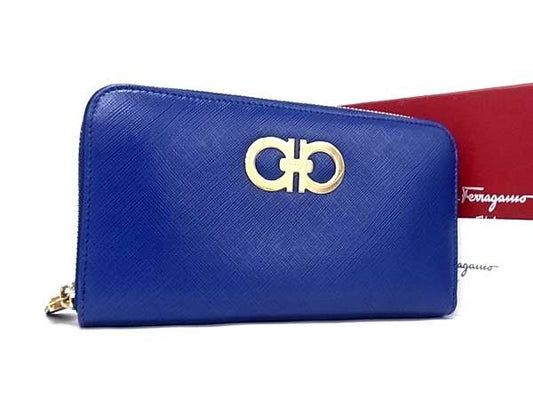 SALVATORE FERRAGAMO フェラガモ 長財布 ガンチーニ IY-22B 300 ブルー系 レザー ユニセックス ラウンドファスナー ゴールド金具 美品