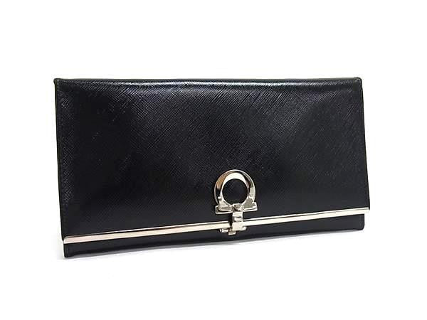 SALVATORE FERRAGAMO フェラガモ 長財布 ガンチーニ IK-22 4633 ブラック系 パテントレザー レディース 二つ折り シルバー金具 美品