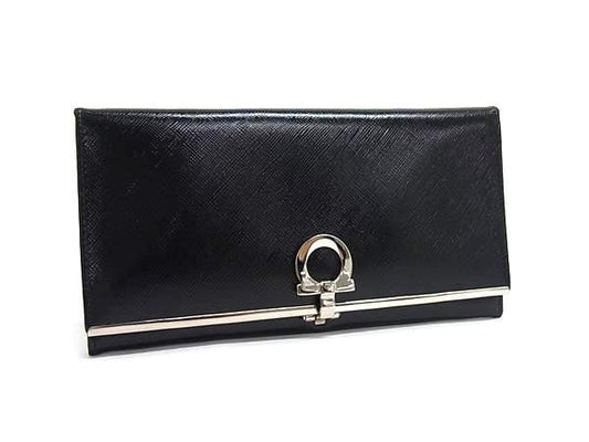 SALVATORE FERRAGAMO フェラガモ 長財布 ガンチーニ IK-22 4633 ブラック系 パテントレザー レディース 二つ折り シルバー金具 美品