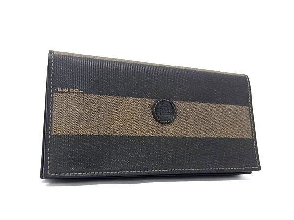 FENDI フェンディ 長財布 ペカン 308030 ブラック系×ブラウン系 PVC メンズ 二つ折り 美品