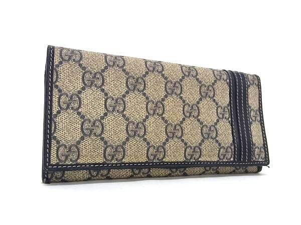GUCCI グッチ 長財布 GGスプリーム 212186 ブラウン系×ネイビー系 PVCレザー メンズ 二つ折り 美品