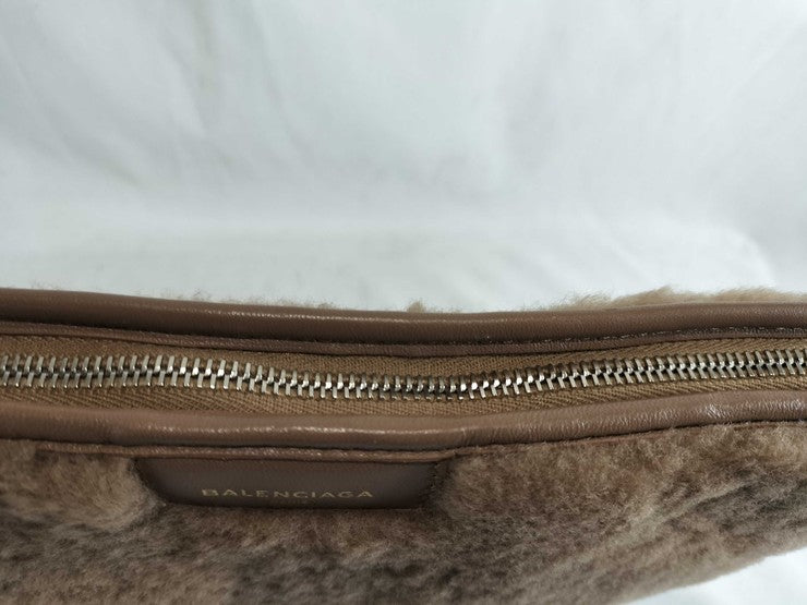 BALENCIAGA バレンシアガ クラッチバッグ バザール 443658 ブラウン系 レザー ボア ユニセックス セカンドバッグ シルバー金具 美品