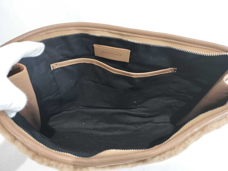 BALENCIAGA バレンシアガ クラッチバッグ バザール 443658 ブラウン系 レザー ボア ユニセックス セカンドバッグ シルバー金具 美品