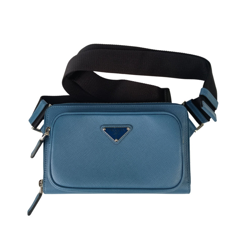 PRADA プラダ ボディバッグ トライアングルロゴ ボディバッグ 2VH156 ブルー系 サフィアーノ ユニセックス ウエストバッグ ショルダーバッグ 三角ロゴマーク シルバー金具 美品