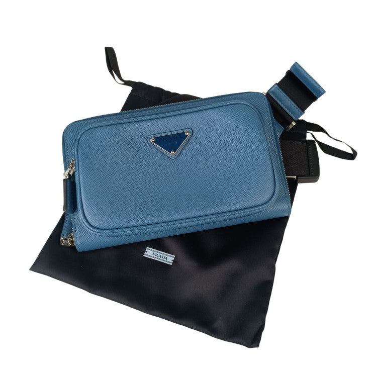 PRADA プラダ ボディバッグ トライアングルロゴ ボディバッグ 2VH156 ブルー系 サフィアーノ ユニセックス ウエストバッグ ショルダーバッグ 三角ロゴマーク シルバー金具 美品