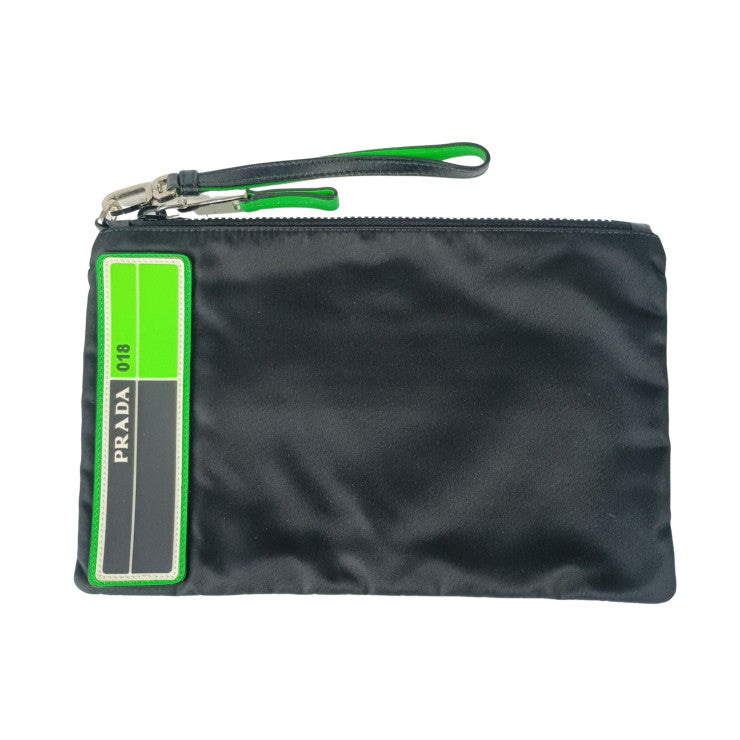 PRADA プラダ クラッチバッグ ポーチ 2NH006 ブラック×エメラルド系 ナイロン ラバー レザー メンズ 美品
