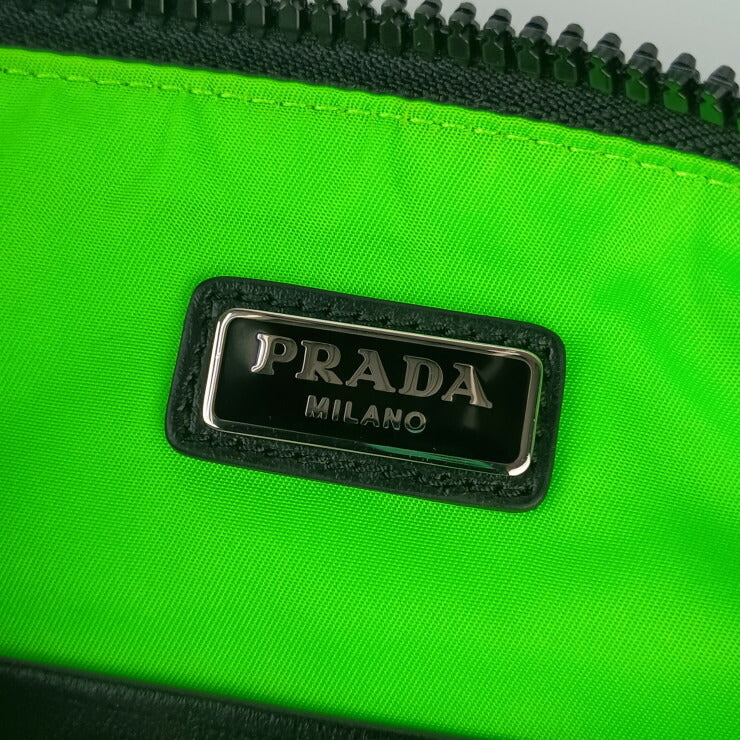 PRADA プラダ クラッチバッグ ポーチ 2NH006 ブラック×エメラルド系 ナイロン ラバー レザー メンズ 美品