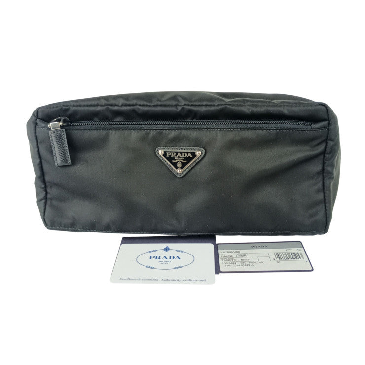 PRADA プラダ クラッチバッグ トライアングルロゴ 2NA029 ブラック系 Re-Nylon メンズ セカンドバッグ トライアングルロゴ シルバー金具 美品