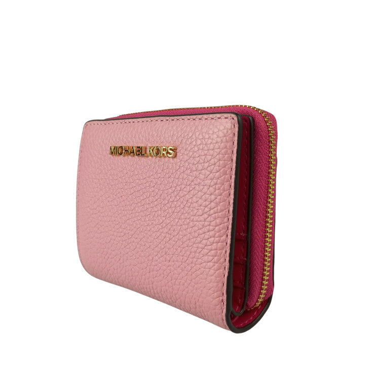 MICHAEL KORS マイケルコース 二つ折り財布 JET SET TRAVEL ジップ チャーム ウォレット ミディアム ピンク系 レザー レディース ゴールド金具 新品未使用展示品