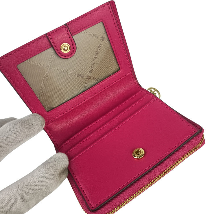 MICHAEL KORS マイケルコース 二つ折り財布 JET SET TRAVEL ジップ チャーム ウォレット ミディアム ピンク系 レザー レディース ゴールド金具 新品未使用展示品