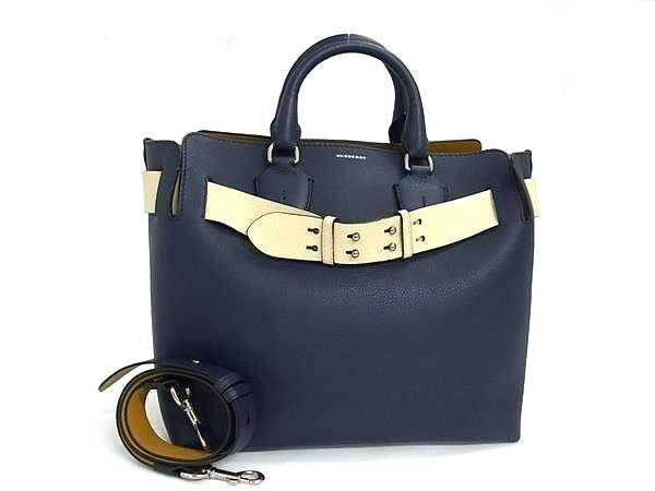 BURBERRY バーバリー ハンドバッグ ミディアム ベルトバッグ 4076723 ネイビー系 カーフレザー レディース 2WAY ショルダーバッグ シルバー金具 美品