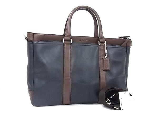 COACH コーチ ビジネスバッグ レキシントン レザー メトロポリタン トート F70916 ダークネイビー系×ブラウン系 スムースレザー メンズ 2WAY ショルダーバッグ ブリーフケース シルバー金具 美品