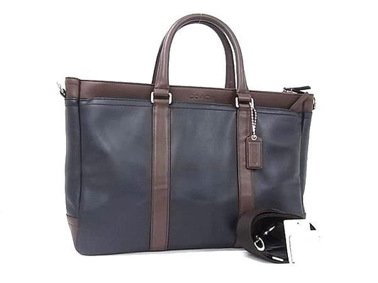 COACH コーチ ビジネスバッグ レキシントン レザー メトロポリタン トート F70916 ダークネイビー系×ブラウン系 スムースレザー メンズ 2WAY ショルダーバッグ ブリーフケース シルバー金具 美品
