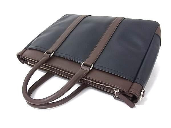 COACH コーチ ビジネスバッグ レキシントン レザー メトロポリタン トート F70916 ダークネイビー系×ブラウン系 スムースレザー メンズ 2WAY ショルダーバッグ ブリーフケース シルバー金具 美品