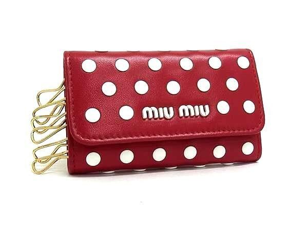 miumiu ミュウミュウ キーケース 5PG222 レッド ホワイト系 レザー レディース 6連 ゴールド金具 美品