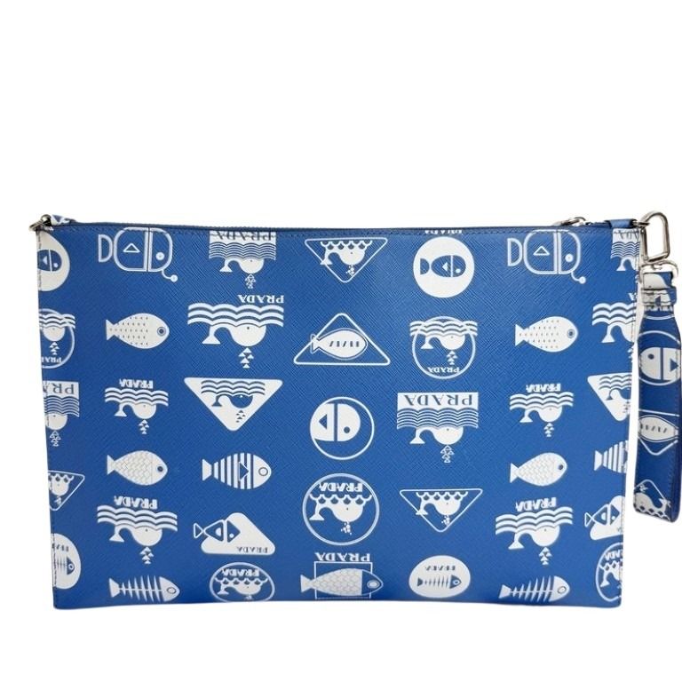 PRADA プラダ ショルダーバッグ トライアングルロゴ 2NH075 ブルー ホワイト系 サフィアーノレザー レディース 2WAY マリン 美品