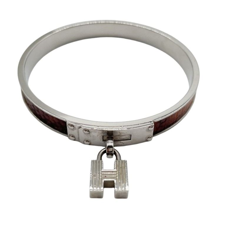 HERMES エルメス ブレスレット ケリーバングル ブラウン シルバー系 リザード型押しレザー レディース 美品