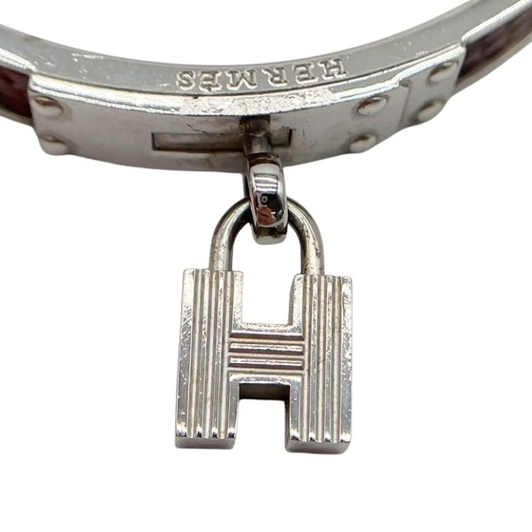 HERMES エルメス ブレスレット ケリーバングル ブラウン シルバー系 リザード型押しレザー レディース 美品