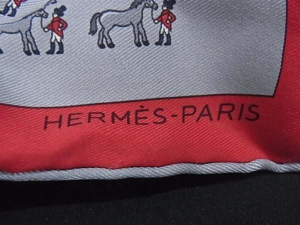 HERMES エルメス スカーフ カレ45 グレー系 × レッド系 シルク100% レディース プチカレ 乗馬 美品