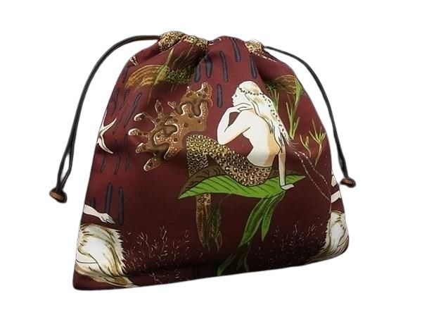 LOEWE ロエベ ポーチ パウラズ イビザ 巾着バッグ ネイビー系×ブラウン系 キャンバス レディース ドローストリング 巾着型 マーメイド柄 超美品