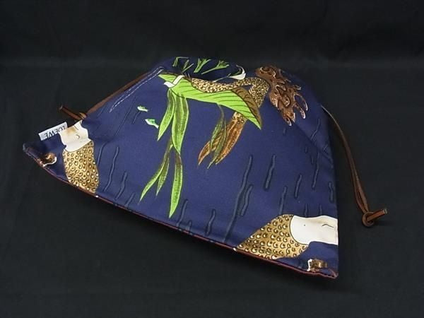 LOEWE ロエベ ポーチ パウラズ イビザ 巾着バッグ ネイビー系×ブラウン系 キャンバス レディース ドローストリング 巾着型 マーメイド柄 超美品
