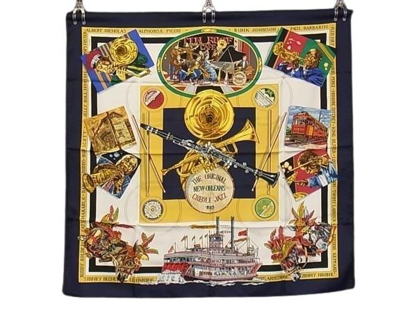HERMES エルメス スカーフ カレ90 マルチカラー シルク100% レディース THE ORLEANS NEWORIGINAL CREOLE JAZZ 1923 美品