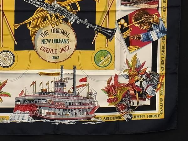HERMES エルメス スカーフ カレ90 マルチカラー シルク100% レディース THE ORLEANS NEWORIGINAL CREOLE JAZZ 1923 美品