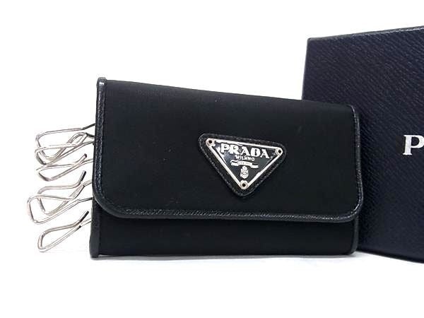 PRADA プラダ キーケース トライアングルロゴ ブラック系 テスートナイロン レザー ユニセックス ６連 三角ロゴマーク シルバー金具 美品
