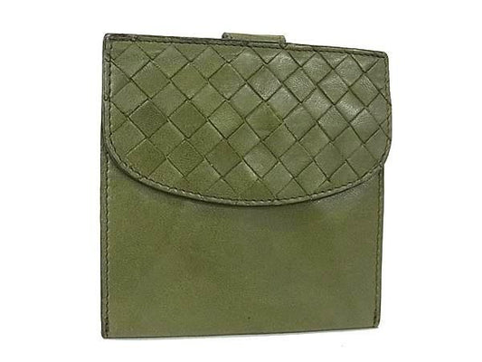 BOTTEGA VENETA ボッテガヴェネタ 二つ折り財布 イントレチャート カーキ系 レザー ユニセックス Wホック 美品