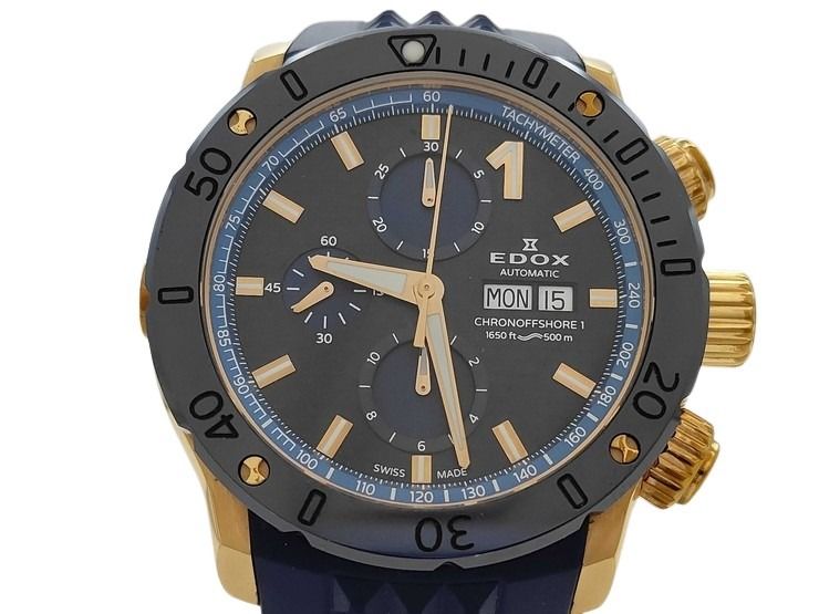EDOX エドックス 腕時計 クロノオフショア1 クロノグラフ オートマティック 01122-37RBU35-BUIR3 ブルー系 ゴールド系 SS セラミック ラバー メンズ アナログ 自動巻き 美品