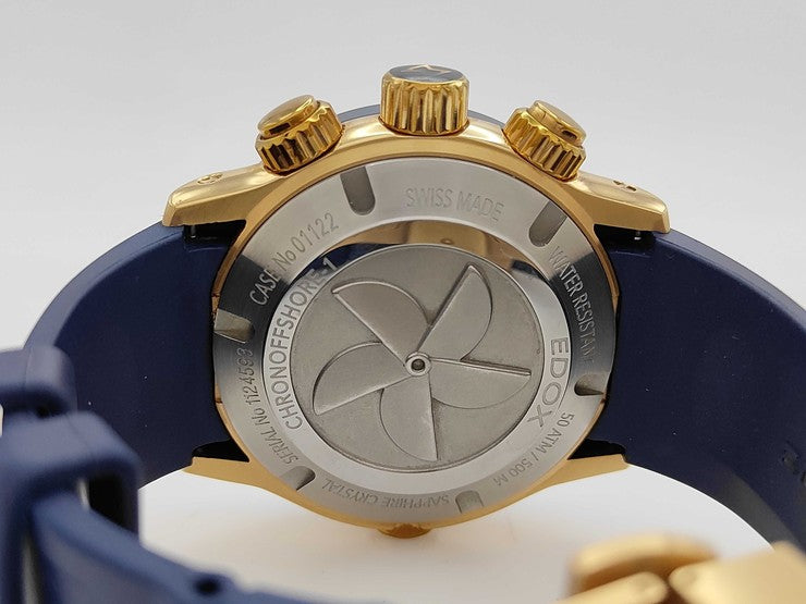 EDOX エドックス 腕時計 クロノオフショア1 クロノグラフ オートマティック 01122-37RBU35-BUIR3 ブルー系 ゴールド系 SS セラミック ラバー メンズ アナログ 自動巻き 美品